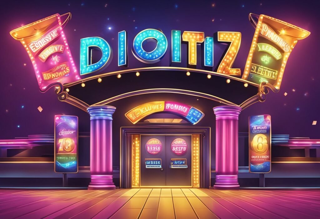Colorful banners and signs with "Exclusive Bonuses and Promotions" adorn the entrance of Digits 7 casino. Bright lights and flashy graphics create a vibrant and enticing atmosphere