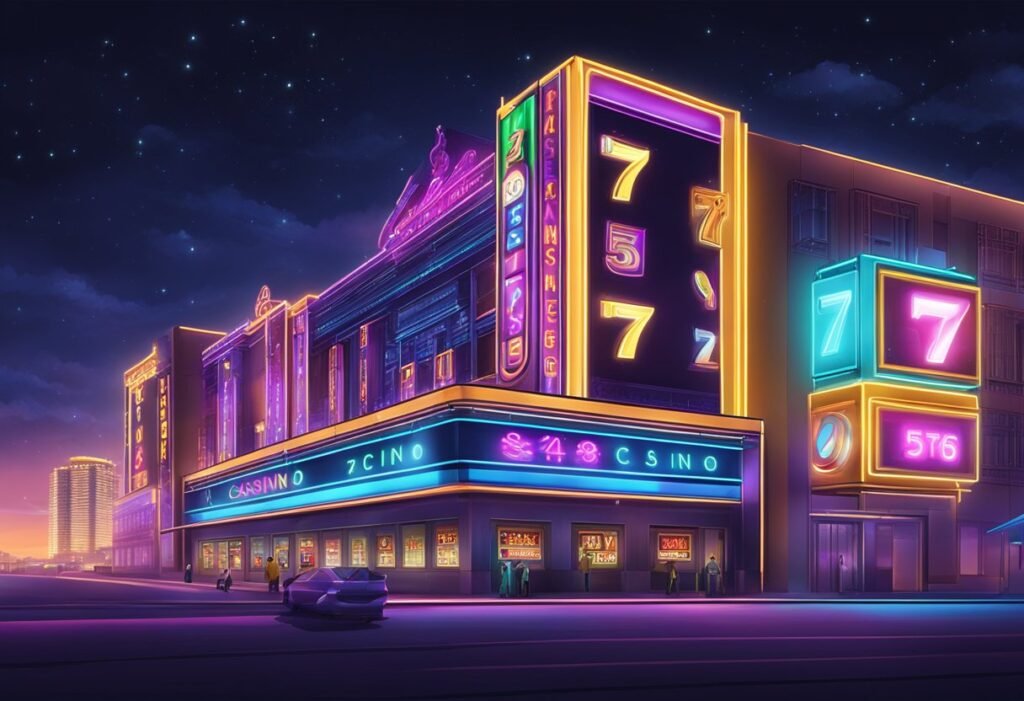 The neon lights of Digits 7 Casino illuminate the night sky, casting a vibrant glow on the bustling crowd and flashy slot machines 